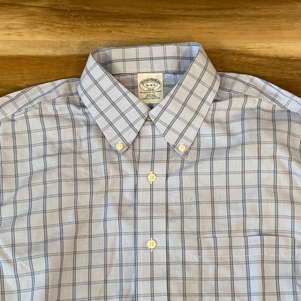 Brooks Brothers Shirt Slim Fit Button Down Mens 16-4/5 Blue Plaid Cotton